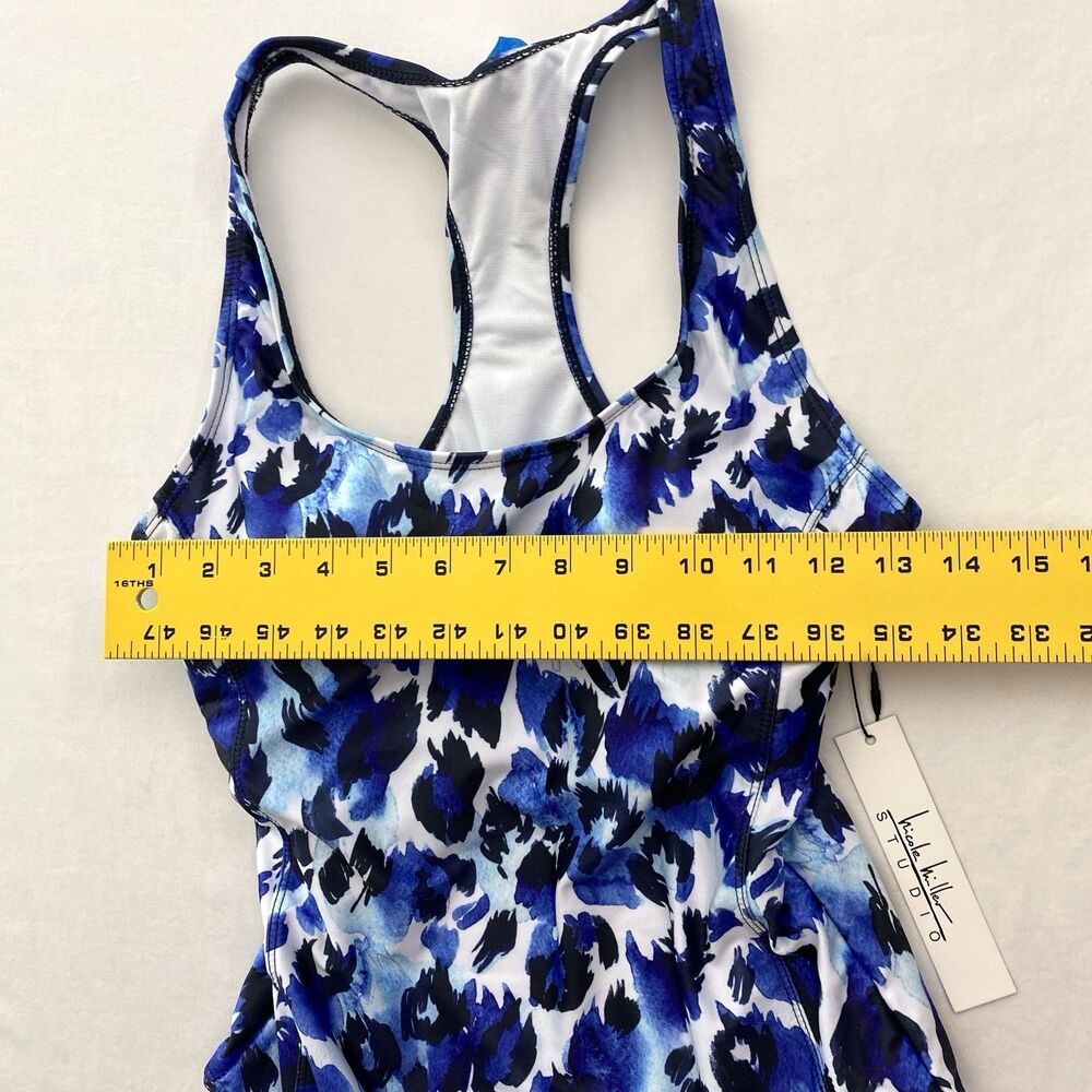 Nicole Miller Bathing Swim Suit One Piece Racerback Womens Medium Blue Floral - Picture 9 of 12